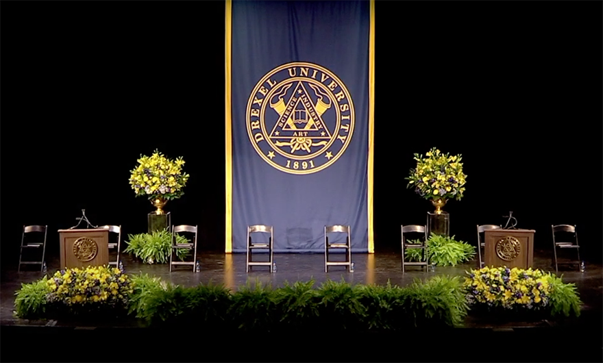 The commencement set-up in Mandell Theater where non-semester-based college and school ceremonies were livestreamed from June 7–10.